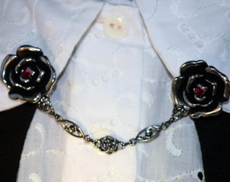 Antique Gunmetal Rose Sweater Chain Cardigan Clip Vintage Look Pinup with Red Crystal Accents