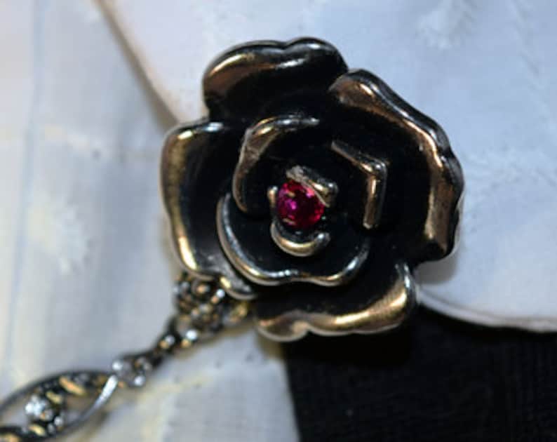 Antique Gunmetal Rose Sweater Chain Cardigan Clip Vintage Look Pinup with Red Crystal Accents