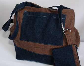 Denim and tartan shoulder bag
