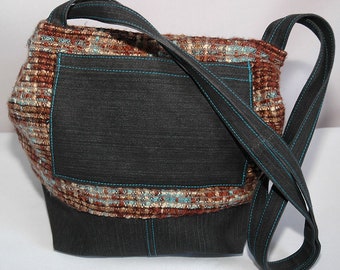 Denim and wool fabric shoulder bag