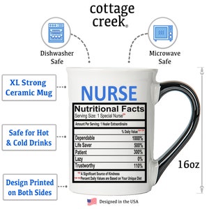 K&ouml;nnte beinhalten: Eine wei&szlig;e Keramiktasse mit schwarzem Henkel. Die Tasse hat ein blaues und wei&szlig;es Design mit dem Text "NURSE Nutritional Facts" und einer Liste von Eigenschaften und Prozentangaben. Die Tasse hat ein Fassungsverm&ouml;gen von 16 Unzen und ist sp&uuml;lmaschinen- und mikrowellengeeignet.