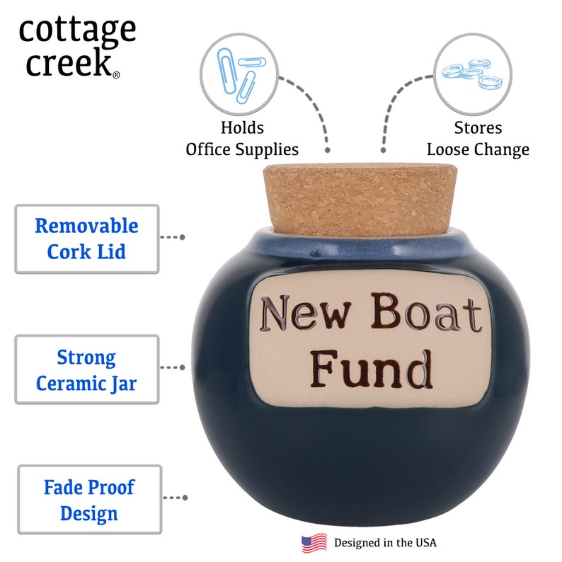 May include: Blue ceramic jar with a cork lid and a label that reads "New Boat Fund". The jar is designed to hold loose change or office supplies.