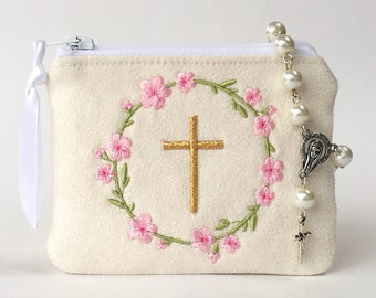 Rosary pouch, LIGHT PINK flowers, Personalized rosary pouch, Rosary case, First Communion gift, Confirmation Gift