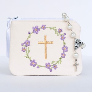 Personalized rosary pouch, LAVENDER color flowers, Monogrammed rosary bag, Custom rosary bag, First Communion gift, Confirmation Gift