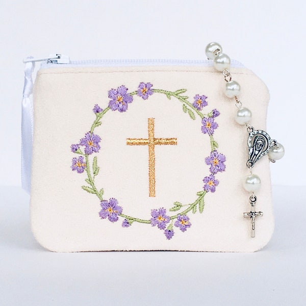 Personalized rosary pouch, LAVENDER color flowers, Monogrammed rosary bag, Baptism gift, First Communion gift, Confirmation Gift