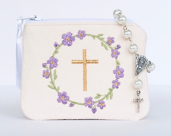 Personalized rosary pouch, LAVENDER color flowers, Monogrammed rosary bag, Baptism gift, First Communion gift, Confirmation Gift