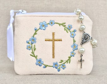 First Communion rosary pouch, Personalized rosary pouch with BABY BLUE FLOWERS, Rosary case, Confirmation Gift, Birthday gift