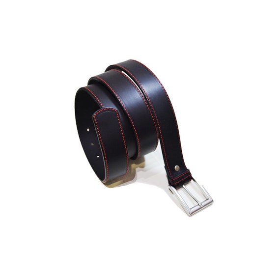 Elegant Black Leather Belt with Red Stitching Calf Skin Pebble Belt Black / Red Stitch & Edge main image 4