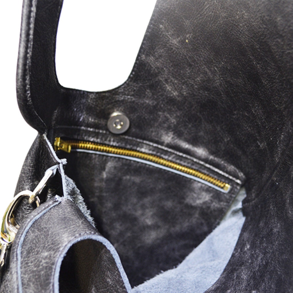 Leather Shoulder Bag/distressed Black Shoulder Bag/black Shoulder Bag