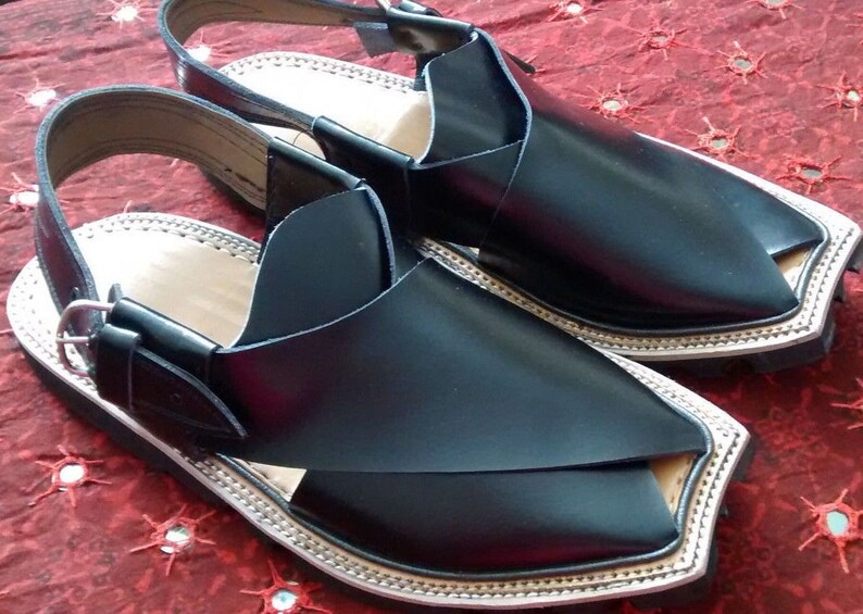 Handmade Pakistani Leather Peshwari Chappal / Sandal Black UK Size 7.5