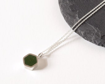 Dark green hexagon necklace • Sterling silver & resin necklace • Minimal geometric pendant • Unique industrial necklace