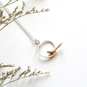 Dainty Sparrow Necklace • Silver & Yellow Bronze Bird Pendant • Unique Bird Watcher Gift • Aesthetic Nature Jewelry • Mixed Metal Pendant