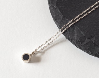 Navy blue minimal necklace • Sterling silver & resin necklace • Modern geometric tube pendant • Dainty industrial necklace