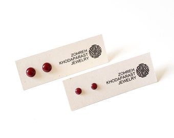 Stainless steel & burgundy resin stud earrings | Delicate circle post earrings | Small hypoallergenic minimal studs