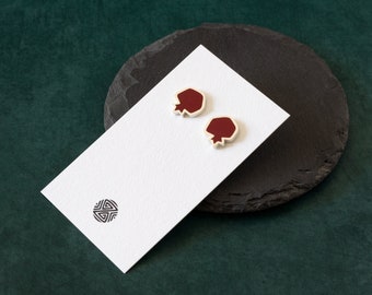 Silver & resin pomegranate earrings • Minimal red stud earrings • Dainty sterling silver fruit studs • Persian pomegranate earrings
