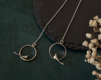 Sterling Silver Bird Threader Earrings • Dainty Sparrow String Earrings • Long Chain Hoop Threaders • Unique Bird Jewelry • Nature Inspired