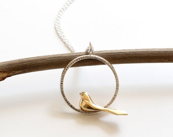 Silver & Bronze Sparrow Necklace • Mixed Metal Bird Pendant • Delicate Bird Lover Gift • Aesthetic Jewelry • Nature-Inspired Accessory