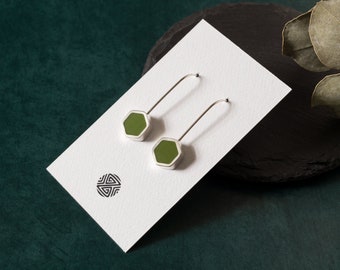 Green geometric drop earrings • Hexagon silver & resin earrings • Minimal cool earrings • Statement dangle earrings • Lightweight earrings