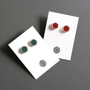Silver & resin hexagon stud earrings Modern geometric resin earrings Minimalist cool earrings image 7