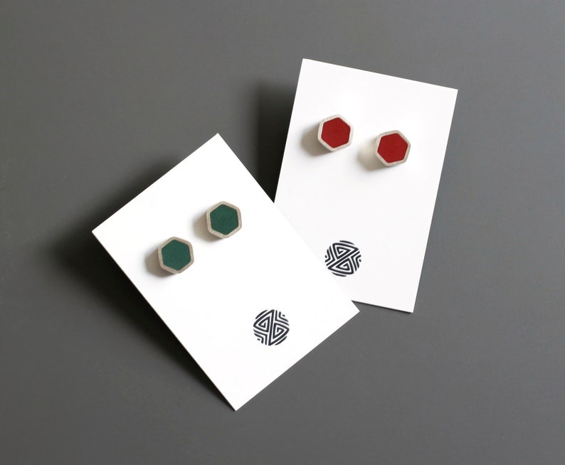 Silver & resin hexagon stud earrings Modern geometric resin earrings Minimalist cool earrings image 7