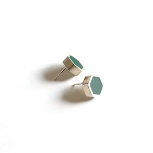 Silver & resin hexagon stud earrings Modern geometric resin earrings Minimalist cool earrings image 6