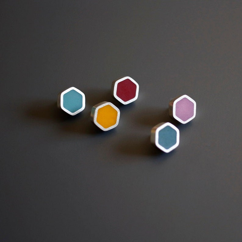 Silver & resin hexagon pin brooch Handmade geometric small pin badge Statement lapel pin Minimalist colorful unisex pin image 1