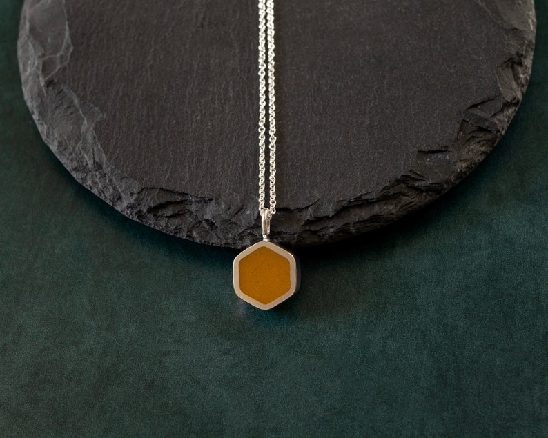 Yellow hexagon necklace Sterling silver & resin necklace Minimal geometric pendant Unique industrial necklace Cool modern necklace image 7