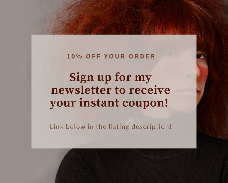 K&ouml;nnte beinhalten: Ein wei&szlig;es Rechteck mit braunem Text, der lautet: "10% OFF YOUR ORDER Melden Sie sich f&uuml;r meinen Newsletter an, um Ihren Sofort-Gutschein zu erhalten! Link unten in der Artikelbeschreibung!"