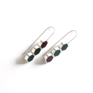 Silver & resin hexagon earrings Statement mismatched color earrings Minimal burgundy and dark green long earrings image 7