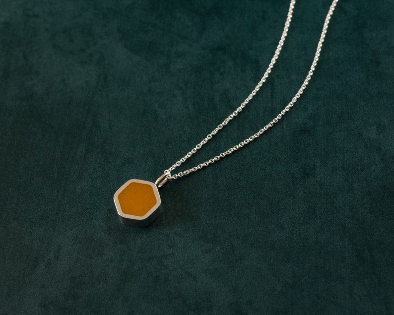 Yellow hexagon necklace Sterling silver & resin necklace Minimal geometric pendant Unique industrial necklace Cool modern necklace image 10