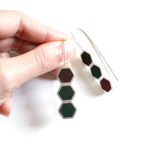 Silver & resin hexagon earrings Statement mismatched color earrings Minimal burgundy and dark green long earrings image 4