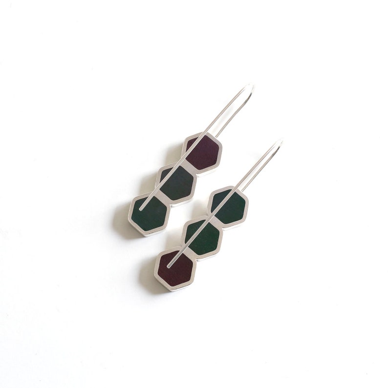 Silver & resin hexagon earrings Statement mismatched color earrings Minimal burgundy and dark green long earrings image 9