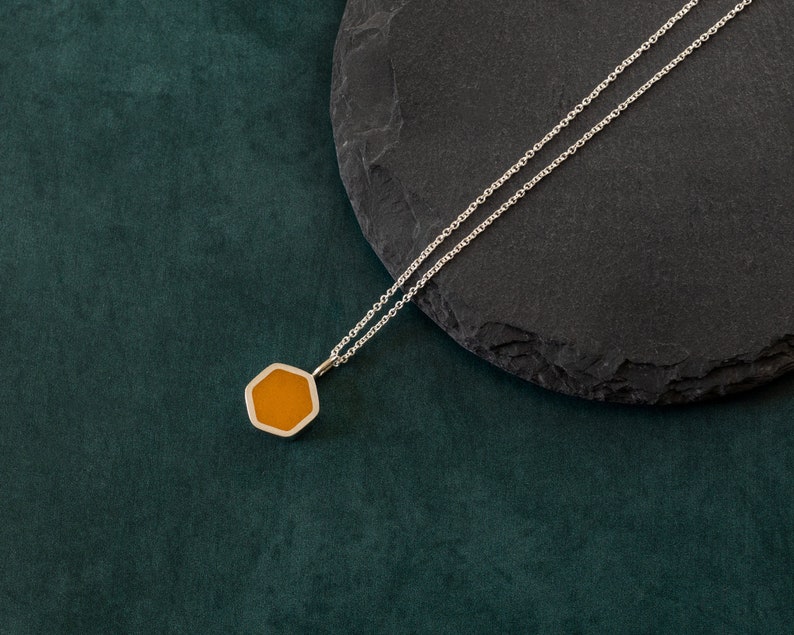 Yellow hexagon necklace Sterling silver & resin necklace Minimal geometric pendant Unique industrial necklace Cool modern necklace image 1