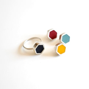 Silver & resin hexagon pin brooch Handmade geometric small pin badge Statement lapel pin Minimalist colorful unisex pin image 9