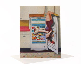 Trapecio de refrigerador, Tarjeta de felicitación original, Tarjeta de felicitación retro, Cocina vintage, Tarjeta de collage, Tarjeta del Día de la Madre, Tarjeta en blanco