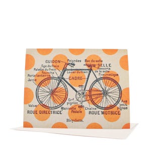 May include: A vintage illustration of a bicycle with orange polka dots on a beige background. The illustration is labeled in French with the parts of the bicycle, such as the handlebars, frame, seat, wheels, and pedals.