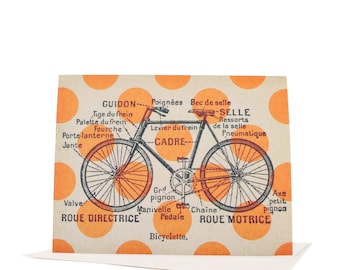 Ciclismo en círculos, Tarjeta de bicicleta, Tarjeta de notas, Tarjeta de notas de bicicleta, Tarjeta de felicitación peculiar, Arte de collage vintage, Bicicleta francesa vintage