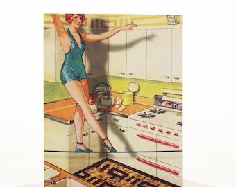 Cuerda floja en la cocina, tarjeta de felicitación original, tarjeta de felicitación retro, cocina vintage, tarjeta de arte collage, tarjeta del Día de la Madre, tarjeta en blanco