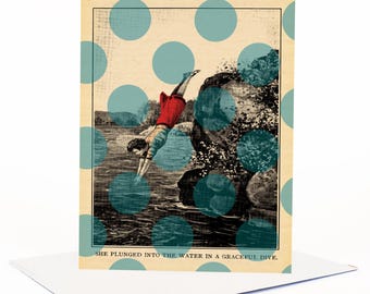 Tarjeta "She Plunged", nuevo trabajo, felicitaciones, primer trabajo, peculiar, caprichosa, retro, vintage, collage, tarjeta de ánimo