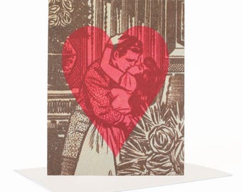 Tarjeta romántica retro, tarjeta de San Valentín con arte vintage, tarjeta de amor caprichosa, beso, tarjeta "Tienes mi corazón"
