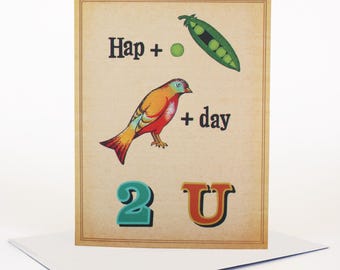 Tarjeta de feliz cumpleaños, tarjeta de cumpleaños, tarjeta de jeroglífico, tarjeta de cumpleaños divertida, tarjeta de collage, tarjeta de arte vintage, tarjeta peculiar, tarjeta de cumpleaños caprichosa