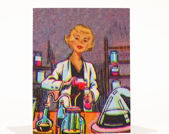 Tarjeta de felicitación de científico, tarjeta de graduación, felicitaciones, primer trabajo, estilo retro vintage, peculiar y caprichoso, nuevo trabajo, tarjeta de ánimo