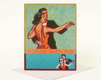 Baila conmigo, tarjeta romántica retro, tarjeta de San Valentín con arte vintage, tarjeta de amor caprichosa, tarjeta de Nochevieja, pareja bailando, aniversario