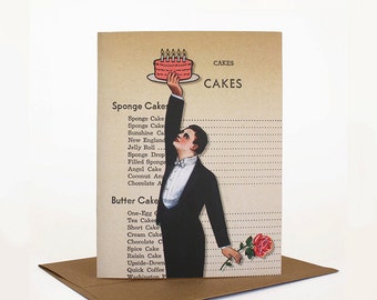 Happy Birthday Card, Quirky Birthday Card, Birthday Cake Card, Elegant Gentleman Tuxedo, Vintage Collage Art Card, Retro Card