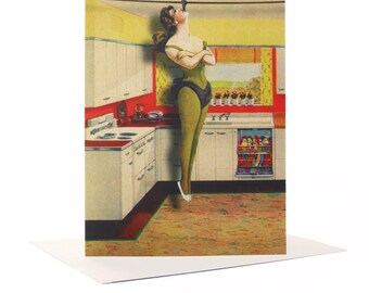 Fotografía aérea de cocina, Tarjeta de felicitación original, Tarjeta de felicitación retro, Cocina vintage, Tarjeta de collage, Tarjeta del Día de la Madre, Tarjeta en blanco