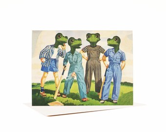 Tarjeta de mejores amigos, tarjeta de notas caprichosa, arte retro vintage peculiar, tarjeta de felicitación, tarjeta de cumpleaños, celebración, ranas, béisbol