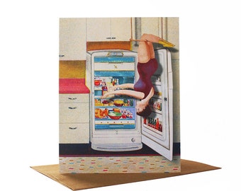 Refrigerator Trapeze, Quirky Greeting Card, Retro Greeting Card,  Vintage Kitchen, Collage Art Card,  Mother's Day Card, Blank Card
