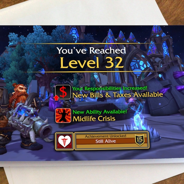 Tarjeta de cumpleaños "Level Up" de WoW (impresa o digital)