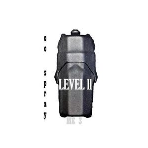 May include: Black OC spray canister with the text "LEVEL II" in white. The canister has a textured surface and a small nozzle at the top. The words "OC spray" are printed vertically on the left side, and "MK 3" is printed at the bottom.