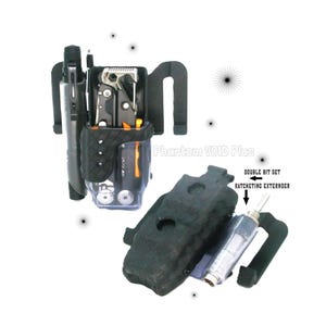 Könnte beinhalten: Schwarzer Multitool-Halter mit verschiedenen Werkzeugen und Zubehör. Der Halter enthält ein Multitool, eine Taschenlampe und ein Doppelbit-Set mit Ratschenverlängerung. Der Text "Phantom VOID Plus" ist sichtbar.